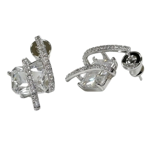 French style silver earrings with rectangular crystal and micro-paved sparkling stones
