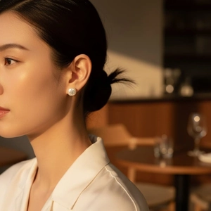 French star pearl stud earrings worn by a model in warm sunset natural light