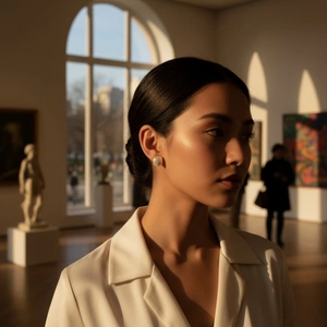 French star pearl stud earrings worn by model in artistic gallery with warm sunlight