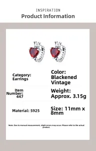 Detailed specs of S925 silver heart crown earrings with red zircon and oxidized finish