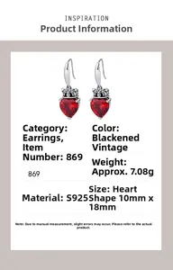 Detailed view of S925 sterling silver vintage red heart earrings with crown setting