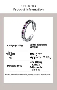 Detail view of S925 sterling silver ring featuring colorful baguette cut stones and retro finish