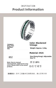 Macro detail of S925 sterling silver braided ring with green zircon and size parameters