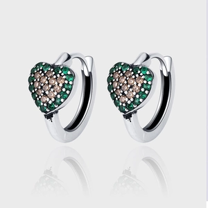 Boucles d'Oreilles Créoles Cœur en Argent Sterling 925 Vintage Avec Pavage de Strass Verts Bijoux de Luxe Pour Femmes Cadeau