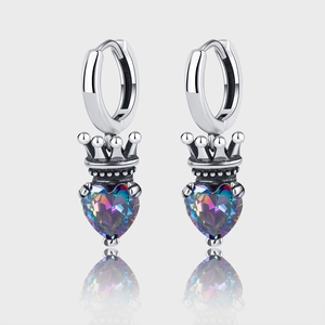Vintage 925 Sterling Silver Heart Crown Hoop Earrings Iridescent Rhinestone Gothic Hip Hop Style Jewelry For Women Fashion Gift