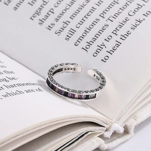 S925 sterling silver open ring with colorful rectangle stones and embossed patterns