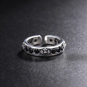 Retro S925 silver open ring with black zircon cross relief and oxidized vintage finish