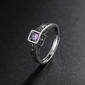 Vintage S925 sterling silver open ring with purple zircon and cross totem detail