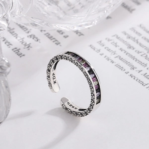 S925 sterling silver open ring featuring rainbow zircons and vintage floral engravings