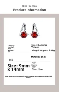 Detailed specs of S925 silver earrings with red stones showing 9x14mm size and 2.48g weight