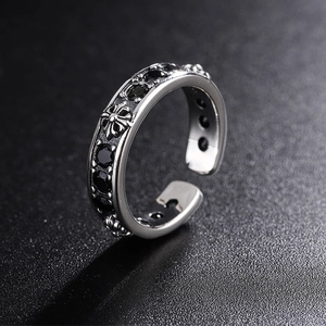 Vintage S925 sterling silver cross ring with black zircons in gothic embossed style