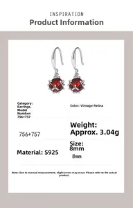 Detail view of 925 silver vintage earrings with red gemstones and size specifications