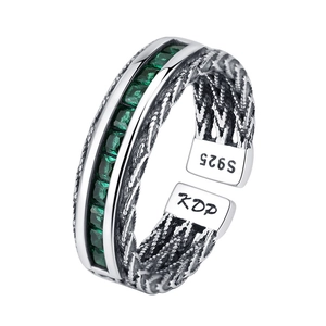 S925 sterling silver twist ring with emerald green zircon stones in vintage open design