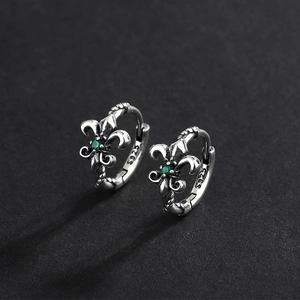 Vintage 925 sterling silver fleur-de-lis hoop earrings with green emerald zircon