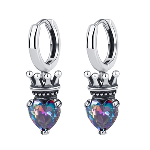 Vintage S925 sterling silver crown earrings with heart-shaped rainbow zircon stones
