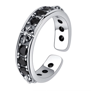 Vintage S925 sterling silver open ring with black cubic zirconia and cross relief