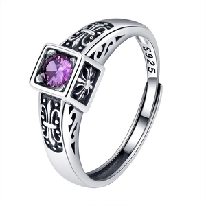 Vintage 925 sterling silver open ring featuring a purple zircon and gothic cross design