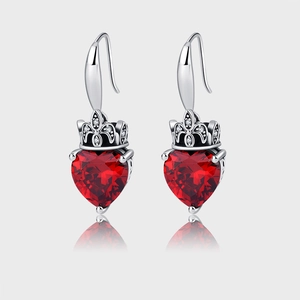Vintage 925 Sterling Silver Crown Heart Red Green Zirconia Drop Earrings For Women Elegant Palace Style Jewelry Accessory