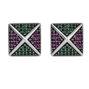 Macro view of square 925 silver stud earrings with colorful zircon stones and retro finish