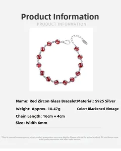 Détails du bracelet en argent S925 avec zircon rouge et chaîne d'extension de 16 cm plus 4 cm