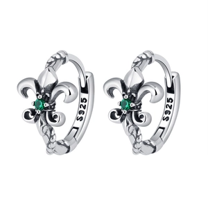Vintage 925 sterling silver fleur-de-lis hoop earrings with green emerald zircon