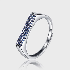 925 Sterling Silver Double Row Blue Zirconia Pave Adjustable Open Ring For Women Vintage Simple Geometric Finger Ring Jewelry