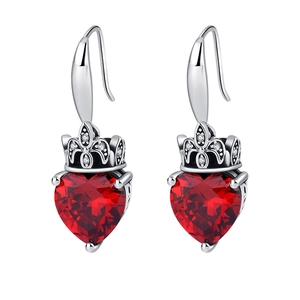 Elegant S925 silver crown heart earrings featuring red gemstones and sparkling zircon accents