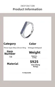 Detail view of S925 sterling silver ring with triple-row blue zircon and vintage finish