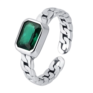 Vintage 925 sterling silver ring with emerald-cut green zircon and curb chain band