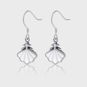 925 Sterling Silver Shell Drop Earrings With White Mother Of Artificial Pearl And Clear Cubic Zirconia Nautical Style For Women