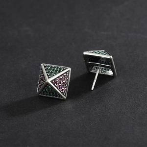 Retro S925 sterling silver pyramid stud earrings with colorful zircon pavé inlay