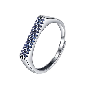 925 Sterling Silver Double Row Blue Zircon Adjustable Ring for Women on White Background