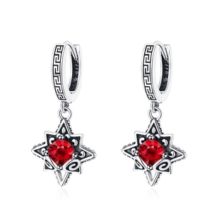 925 silver vintage star earrings with Greek key patterns and red stones