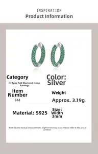 Spécifications des boucles d'oreilles en argent 925 avec zircons verts, poids 3,19g