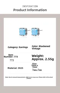 Macro detail of S925 silver square blue zircon stud earrings with vintage scroll texture