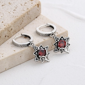 Vintage 925 silver hoop earrings with hexagram star pendant and red gemstone