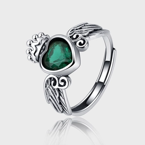 Bague en Argent Sterling 925 Vintage Cœur Zirconia Vert Couronne Aile Gothique Vieilli Ouverte Ajustable Bijoux Cadeau pour Femme