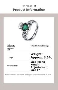 Détails de la bague en argent S925 avec pierre de cœur verte et motifs d'ailes