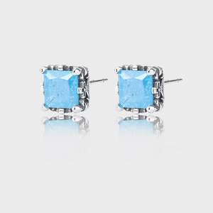 Vintage 925 Sterling Silver Square Blue Zirconia Stud Earrings For Women Retro Distressed Geometric Earrings Jewelry Gift