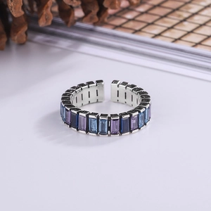Adjustable silver ring with gradient blue and purple rectangular crystals