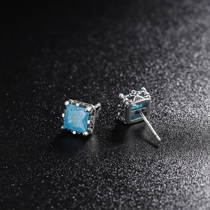 Retro S925 silver square stud earrings with blue zircon and hollowed cross pattern
