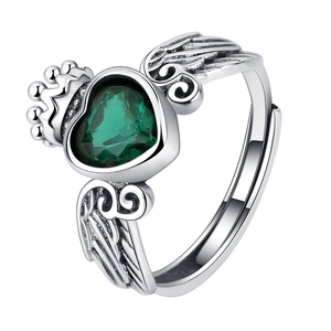 Bague en argent 925 avec zircon coeur vert, ornée d'une couronne et d'ailes