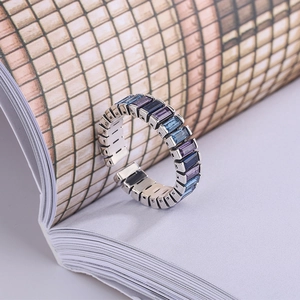Adjustable open ring with gradient blue and purple rectangle zircon in a silver finish