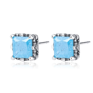 Vintage S925 silver square stud earrings with faceted blue zircon and relief carving