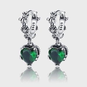 Vintage 925 Sterling Silver Green Heart Rhinestone Hoop Earrings Fleur De Lis Antiqued Gothic Style Jewelry For Women