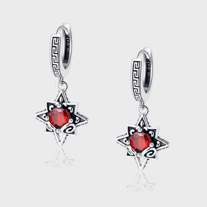Vintage 925 Sterling Silver Star Drop Earrings Retro Greek Key Pattern Red Rhinestone Dangle Hoop Jewelry For Women