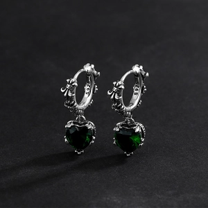 Vintage S925 sterling silver hoop earrings with green heart-shaped zirconia and cross pattern