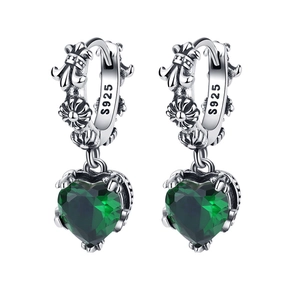 Vintage S925 sterling silver hoop earrings with heart-shaped green emerald pendants