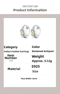 Detailed view of S925 sterling silver Indian style feather hoop earrings with gold accents