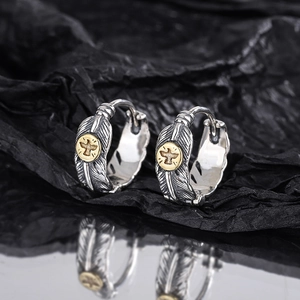 Vintage S925 sterling silver feather hoop earrings with gold eagle emblem detail